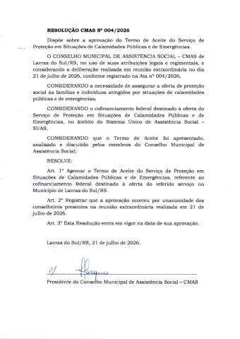 Logotipo do projeto: RESOLUÇÃO CMAS Nº 004/2026